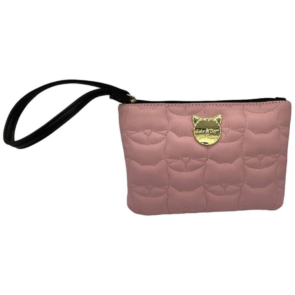 Betsey Johnson Quilted Rose Pink Kitty Cat Wristlet Clutch Bag Detach 48" Strap